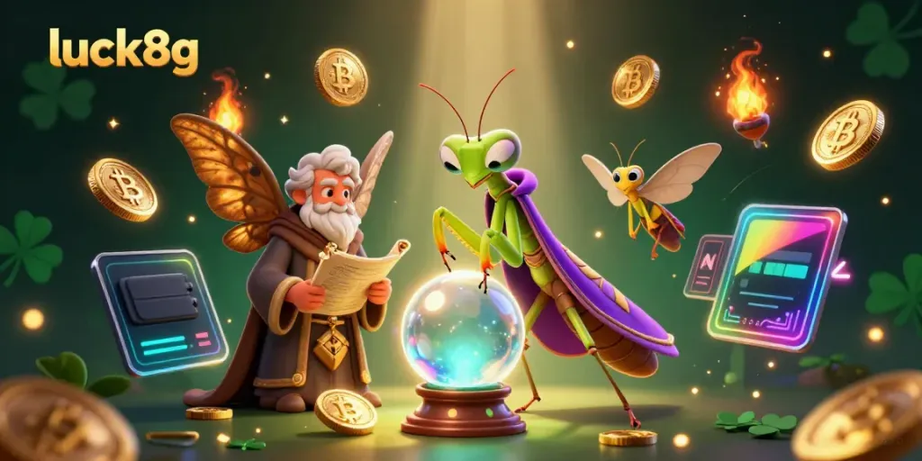 Experience luck8g with vibrant casino elements and mystical characters in a captivating 3D scene.