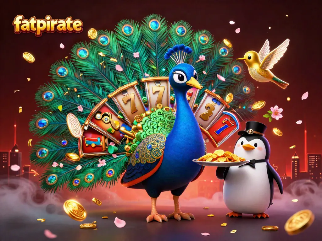 Experience thrilling wins at fatpirate with vibrant slot reels, gold coins, and festive decorations.