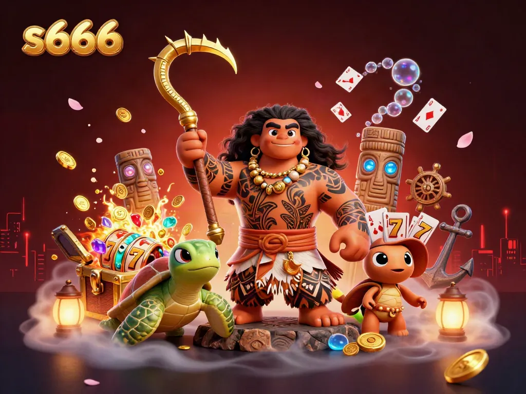 Experience thrilling gaming action with s666 as a daring Polynesian demigod and turtle engage amidst riches and vibrant elements.