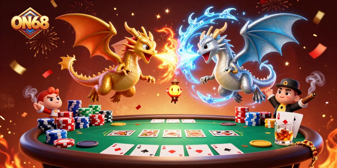 Experience ON68 exhilaration with dynamic dragons and casino chips in this 3D illustration.