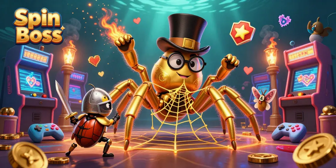Engage in thrilling gameplay with Spin Boss, featuring a golden tarantula and arcade machines.