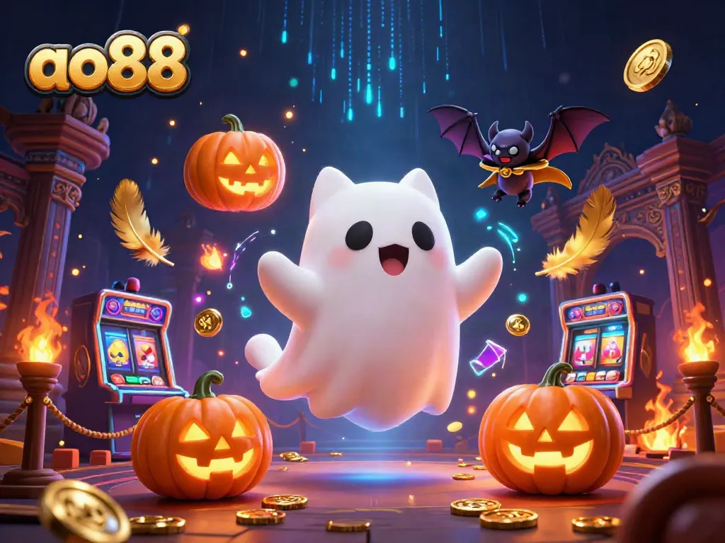 Engage with ao88 in a vibrant haunted casino scene featuring a ghost cat and bat.
