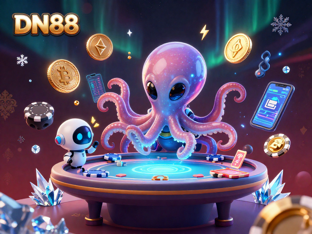Play exciting casino games at DN88 with vibrant alien octopus and holographic poker action.