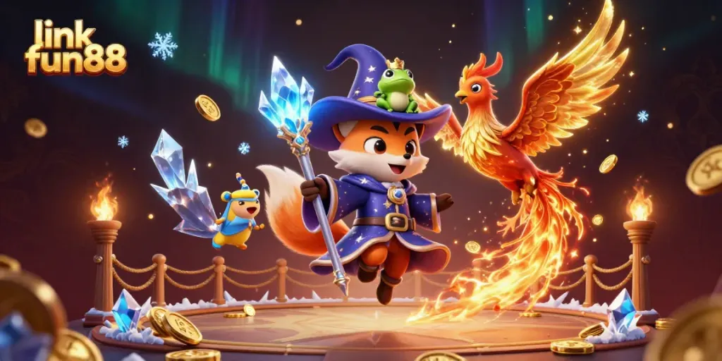 Experience the vibrant action of link fun88 in a magical casino scene with a wizard fox and phoenix.