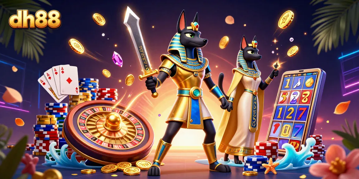 Play thrilling casino games at dh88 featuring Anubis and Bastet amidst gold coins and poker chips.