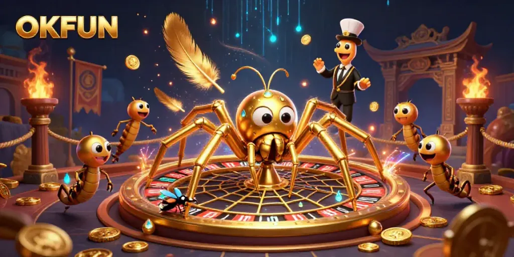 Engage with OKFUN's vibrant gaming world through a golden spider roulette scene.