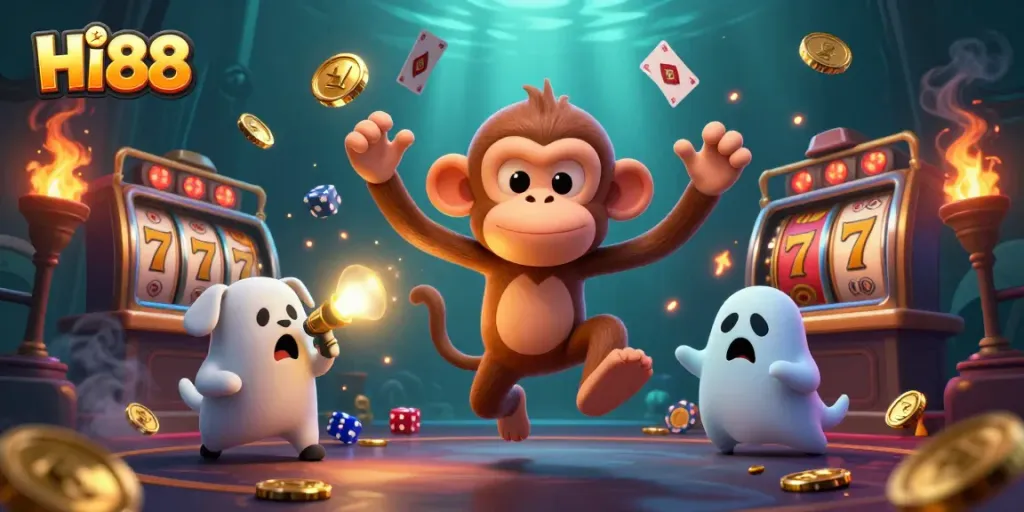 Engage with HI88 casino's thrilling games as a playful poltergeist monkey juggles treasures.