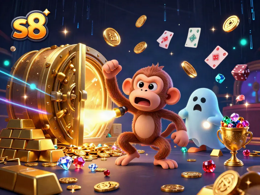 Experience thrilling moments with s8 as a playful ghost monkey juggles golden treasures in a haunted casino.