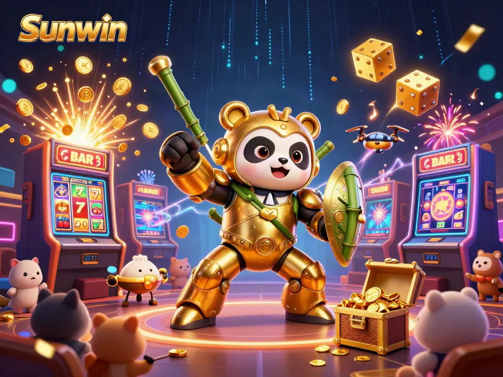 Experience the excitement of Sunwin's dynamic casino scene with a golden panda mech and slot machines.