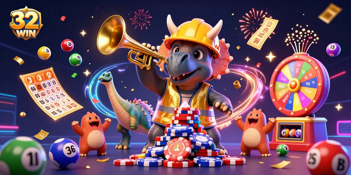 Experience the excitement of 32WIN with a vibrant gaming celebration scene in a dynamic casino setting.