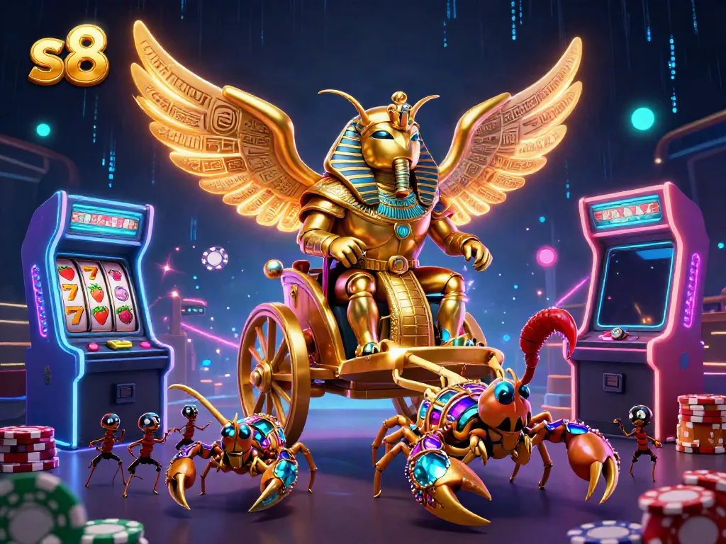 S8-themed casino scene featuring a giant scarab beetle with poker chips and slot reels in an engaging gaming environment.