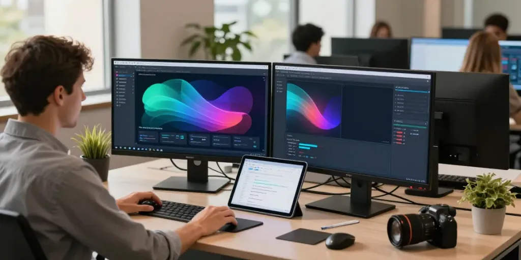 AI visibility platform workspace with engineer coding on screens