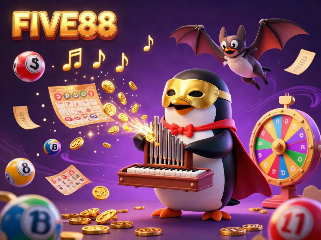 Experience the thrill of FIVE88 with whimsical casino elements in a vibrant, colorful setting.