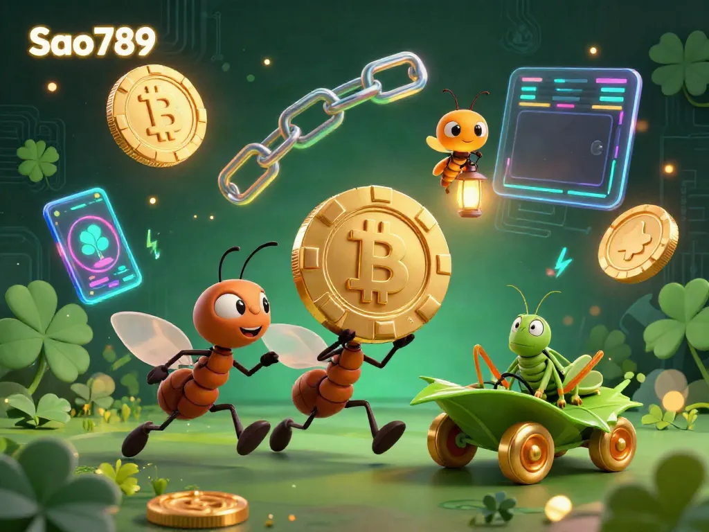Sao789's 3D cartoon ants heist scene with poker chip and crypto elements.
