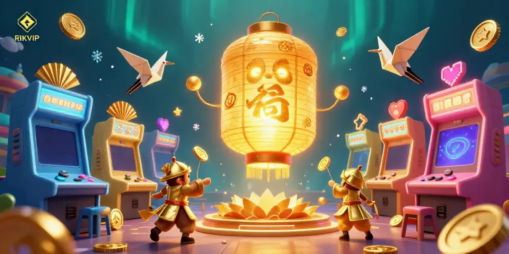 Engage with the dynamic RIKVIP lantern spirit floating above a lively casino scene full of arcade games.