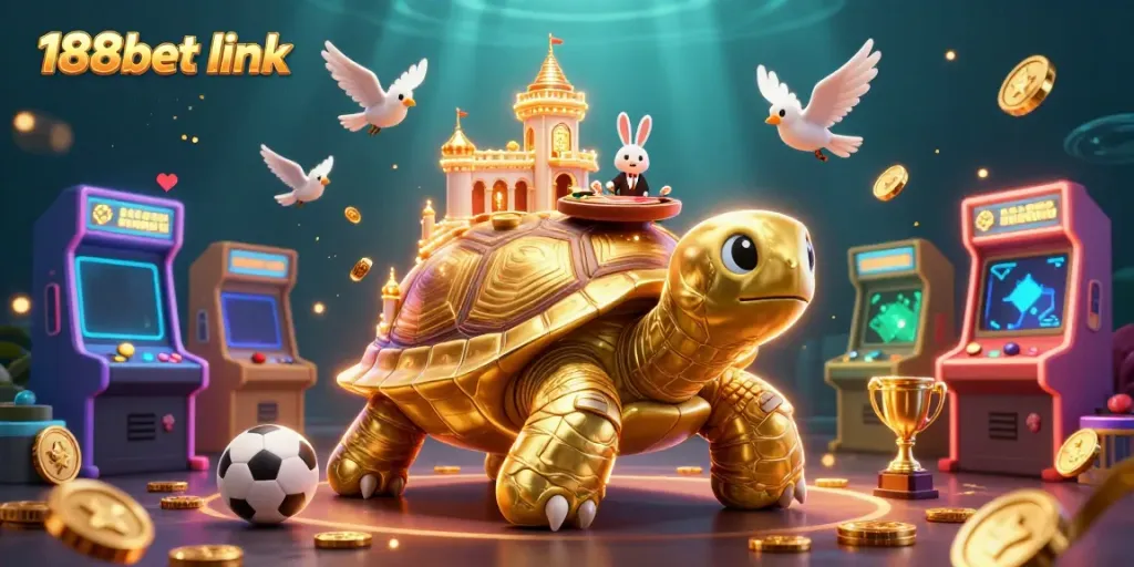 Experience excitement at 188bet link with colorful casino themed scene featuring a golden tortoise and a cheerful rabbit dealer.