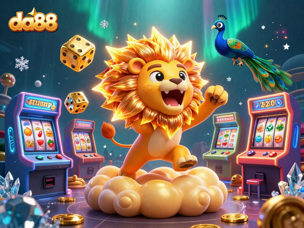 da88 brings excitement with a roaring sun lion amid colorful casino elements.