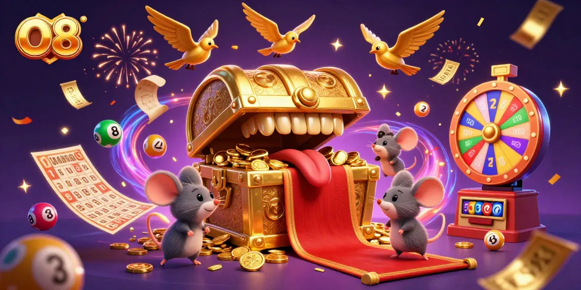 Engage with O8 as the treasure chest beckons players, featuring a vibrant casino scene of lottery balls, bingo cards, and rewards.