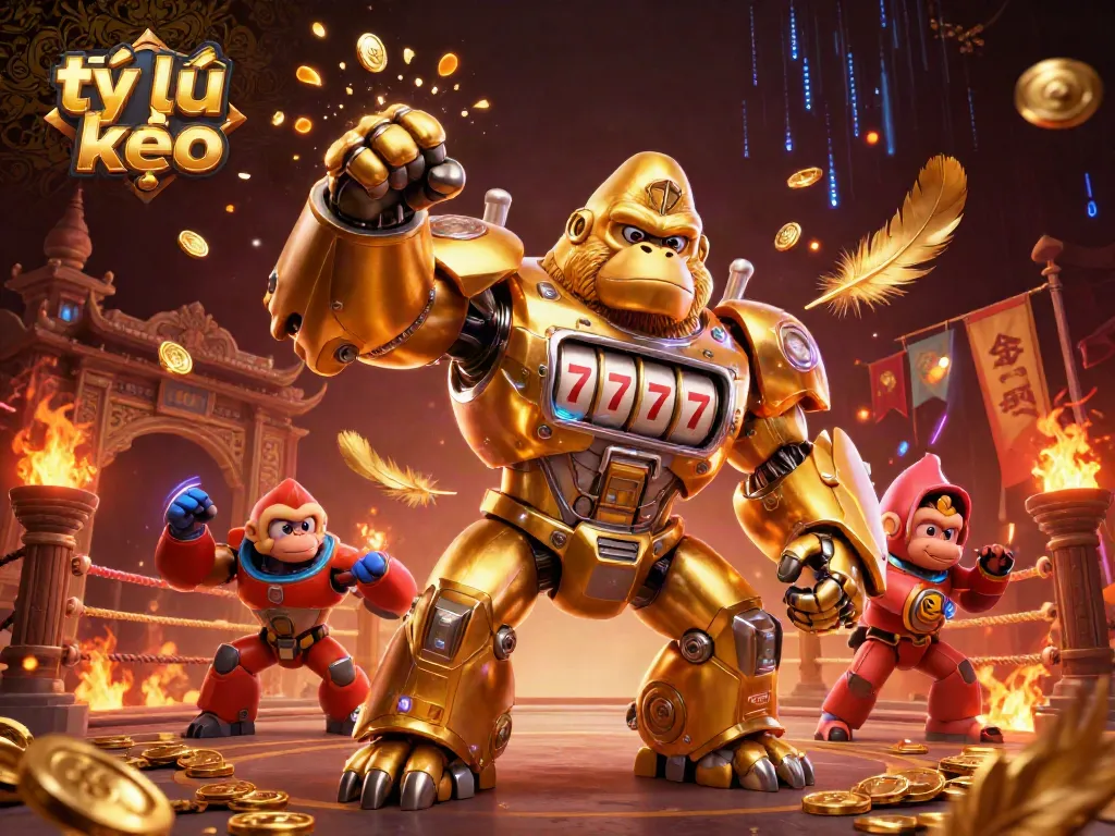 Bettors exploring tỷ lệ kèo with excitement in a dynamic 3D casino illustration featuring a golden gorilla mech and vibrant casino elements.