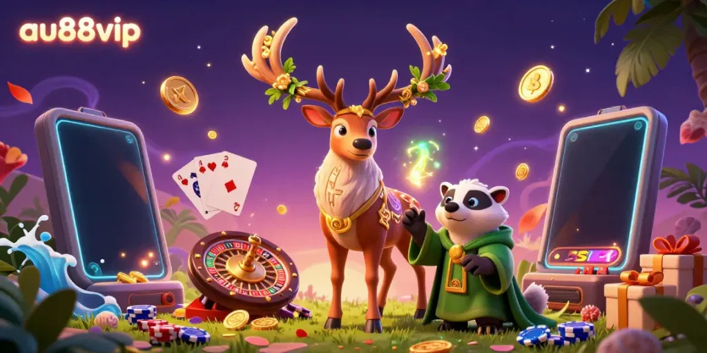 Experience thrilling gameplay with au88vip in a vibrant 3D casino illustration featuring exciting games and dynamic characters.