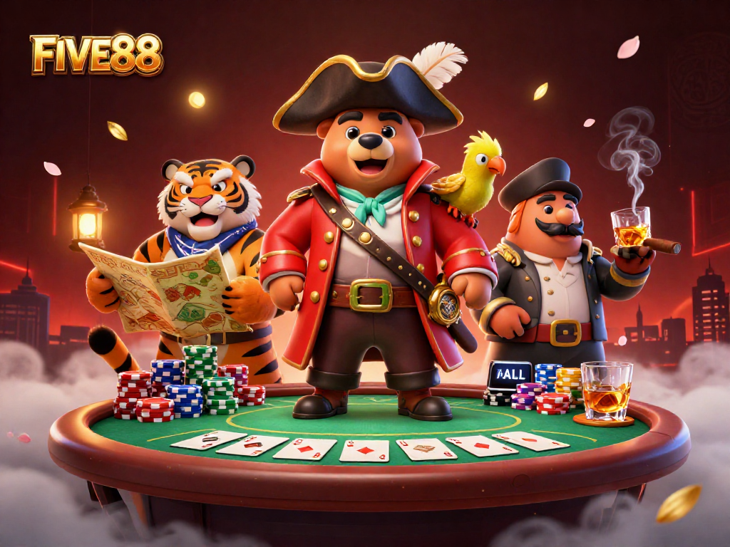 Experience exhilarating poker gameplay with the vibrant FIVE88 casino scene illustrated by a pirate captain bear and a fierce tiger.