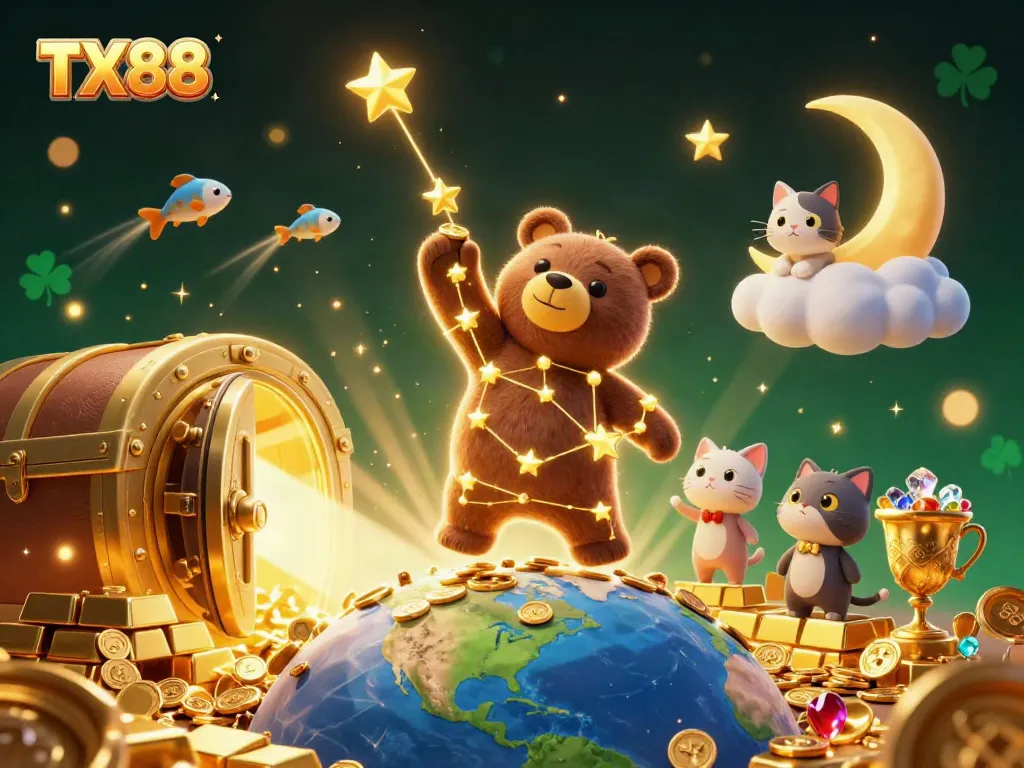 Engage with TX88's stellar casino experience; constellation bear and fish collect treasures in enchanting scene.