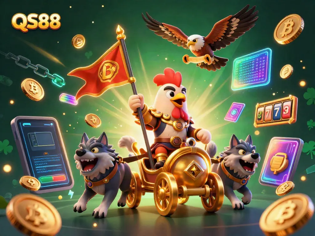 Experience the excitement of QS88 with a dynamic scene featuring a rooster warlord and crypto symbols in a rich casino environment.