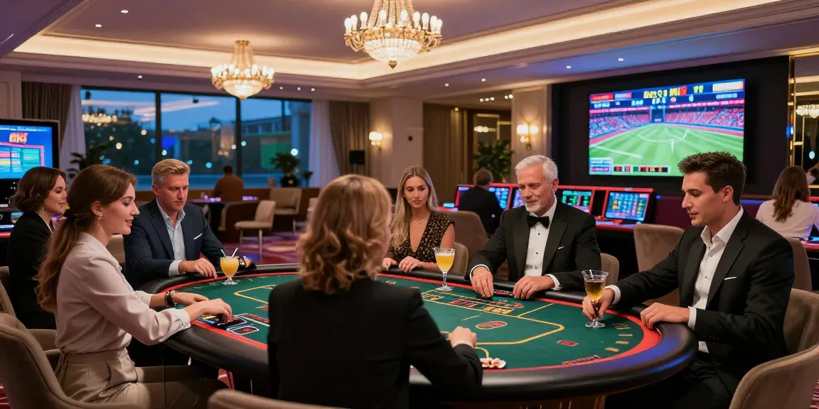 Exciting atmosphere at KO66 online casino with players engaged in live gaming and enjoying cocktails.