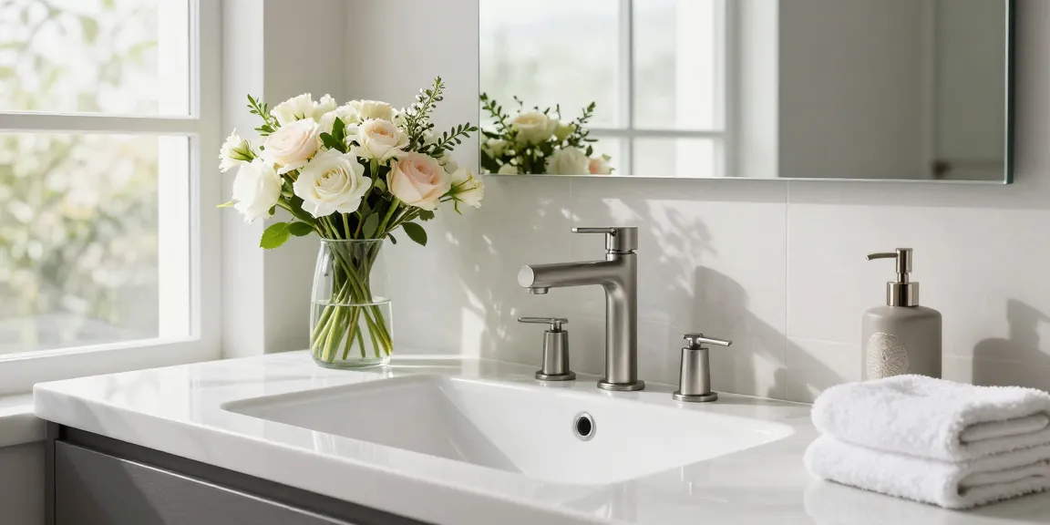 Stijlvolle gunmetal kraan in moderne badkamer met luxe uitstraling en natuurlijke elementen.