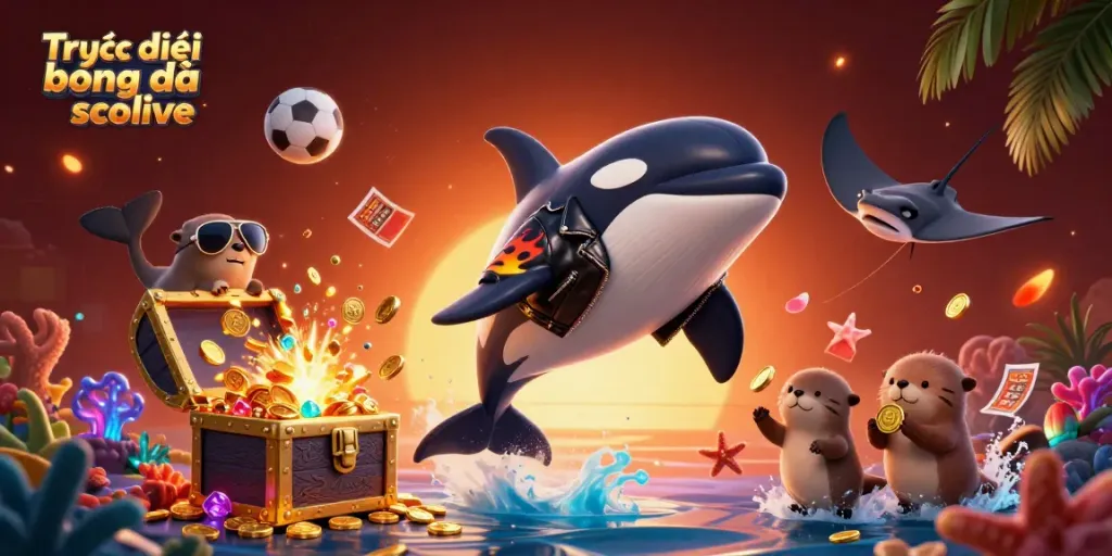 Bet on Trực tiếp bóng đá socolive with vibrant characters and sports elements in a dynamic underwater scene.