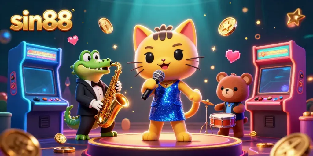 Engage with playful sin88 characters on stage amidst vibrant casino elements and arcade games.