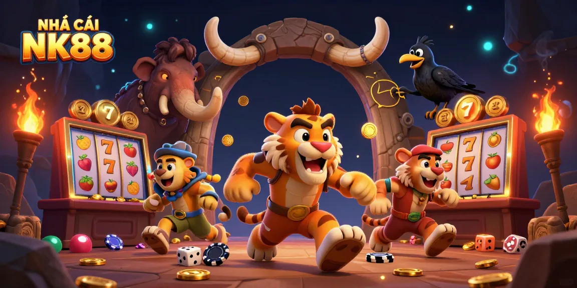 Engage with NHÀ CÁI NK88 in a vibrant 3D casino scene featuring caveman characters and dynamic slot machines.