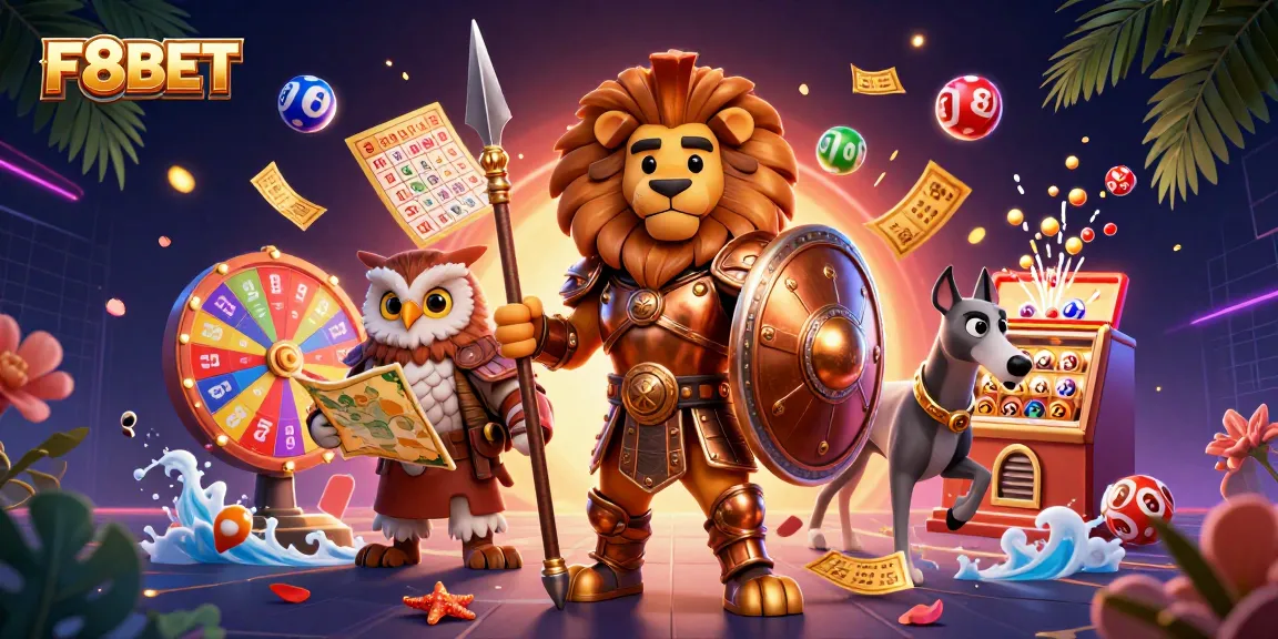 Engage with F8BET's dynamic gaming world featuring a Spartan lion, owl strategist, and greyhound amidst a vibrant display of spinning lottery elements.