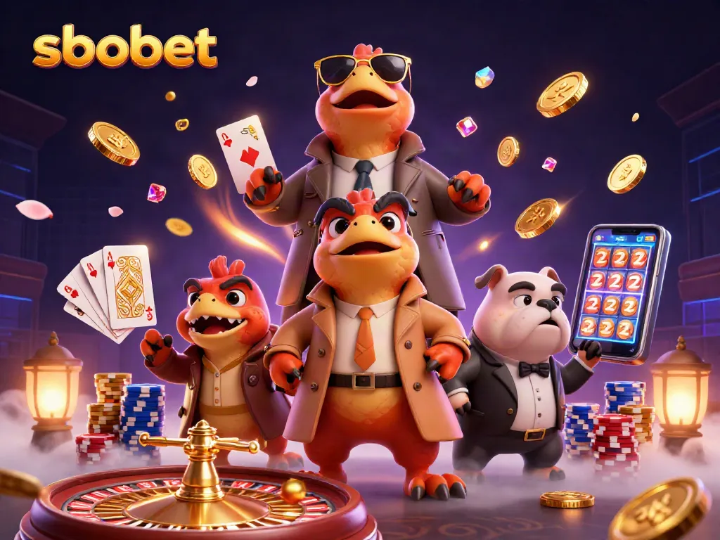 Mainkan sbobet dengan tiga raptor kartun dalam jas, memasuki lounge VIP kasino dengan kejutan.