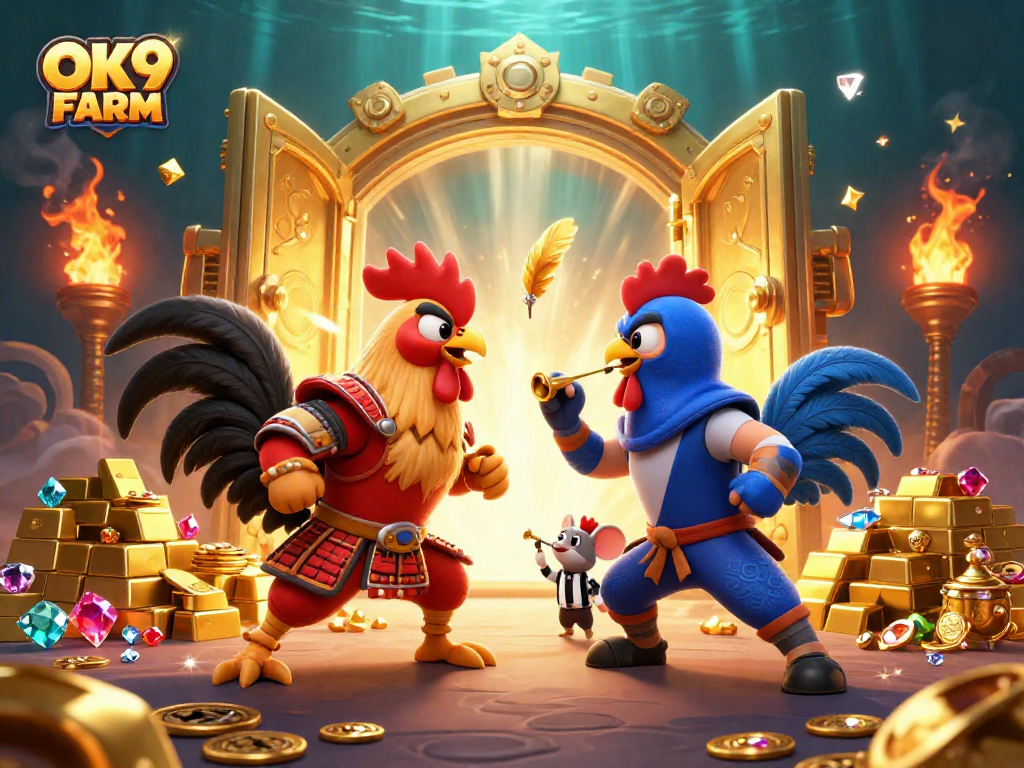 Bet on exciting battles at OK9 FARM, featuring dynamic rooster duels and gleaming treasures.