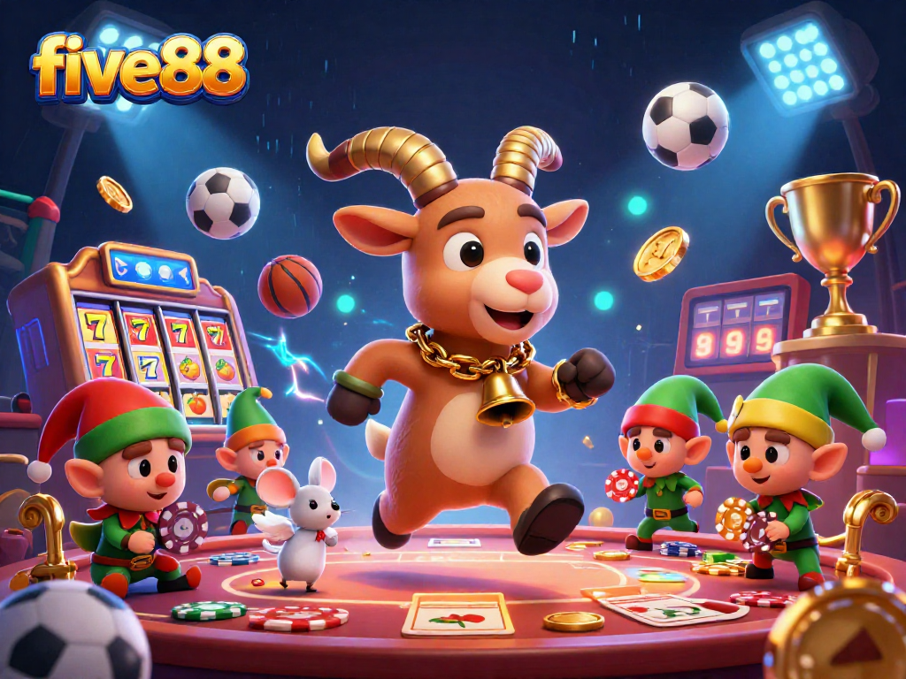Engage in thrilling gameplay at five88 with a festive Krampus theme casino illustration.