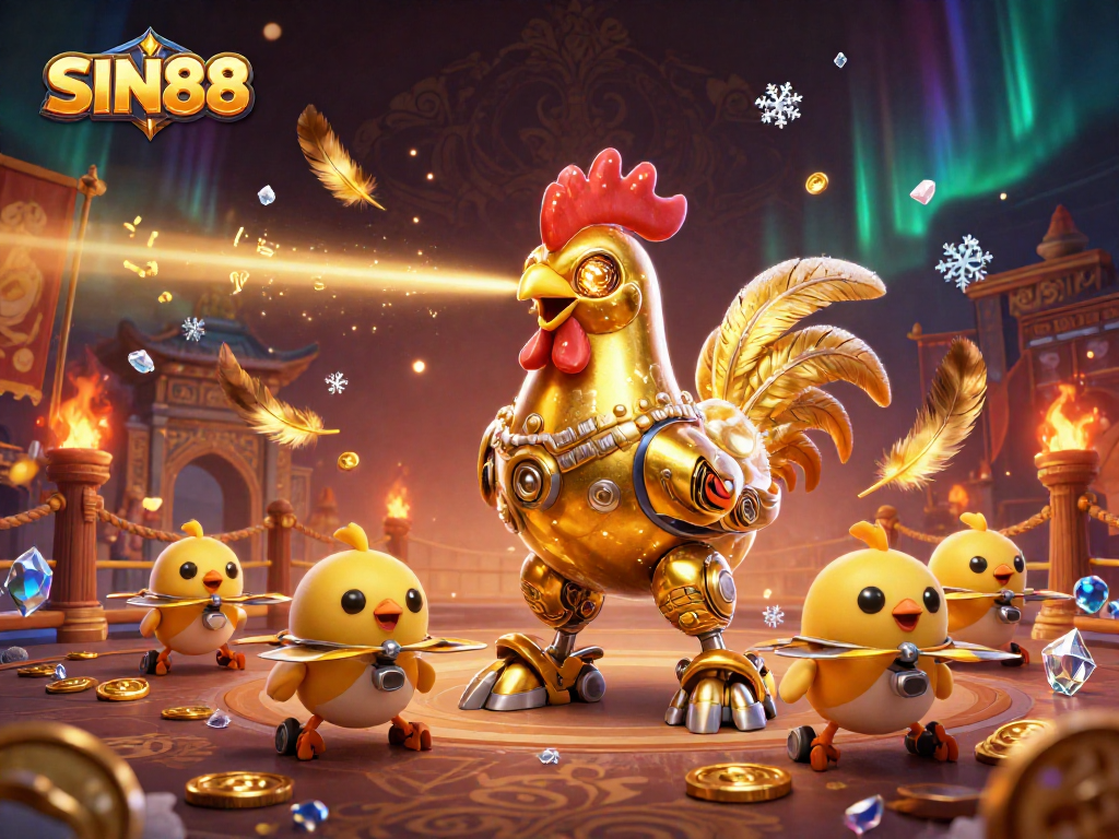 Experience the thrill of SIN88 with a golden rooster robot and baby chick drones battling in a dynamic casino scene.