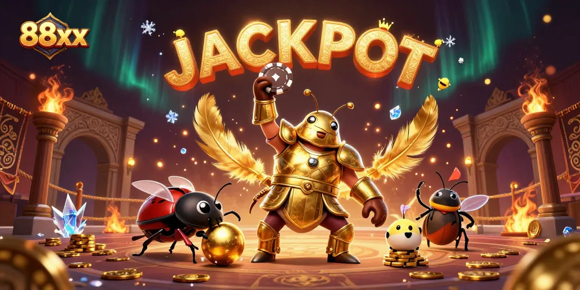 Engage with the thrilling casino experience at 88xx, where a beetle hero celebrates a victory in a golden-themed arena.