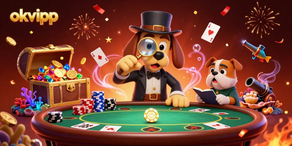 Engage with okvipp in a vibrant casino scene featuring a detective cartoon character examining poker chips and gold treasures.