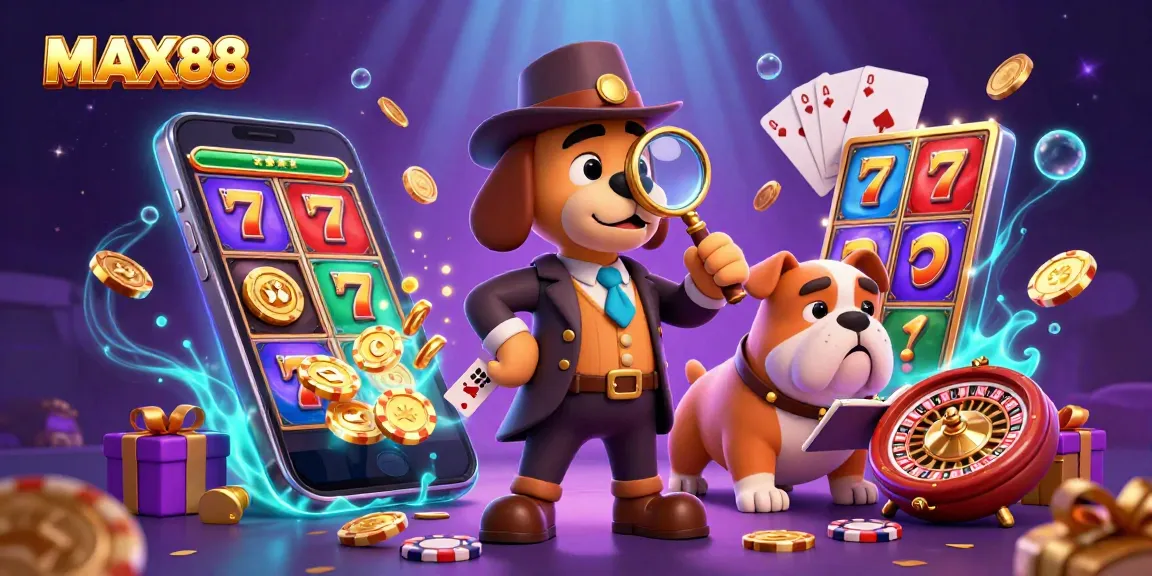Uncover MAX88's vibrant casino adventure with a detective and clues amidst a dynamic gaming scene.