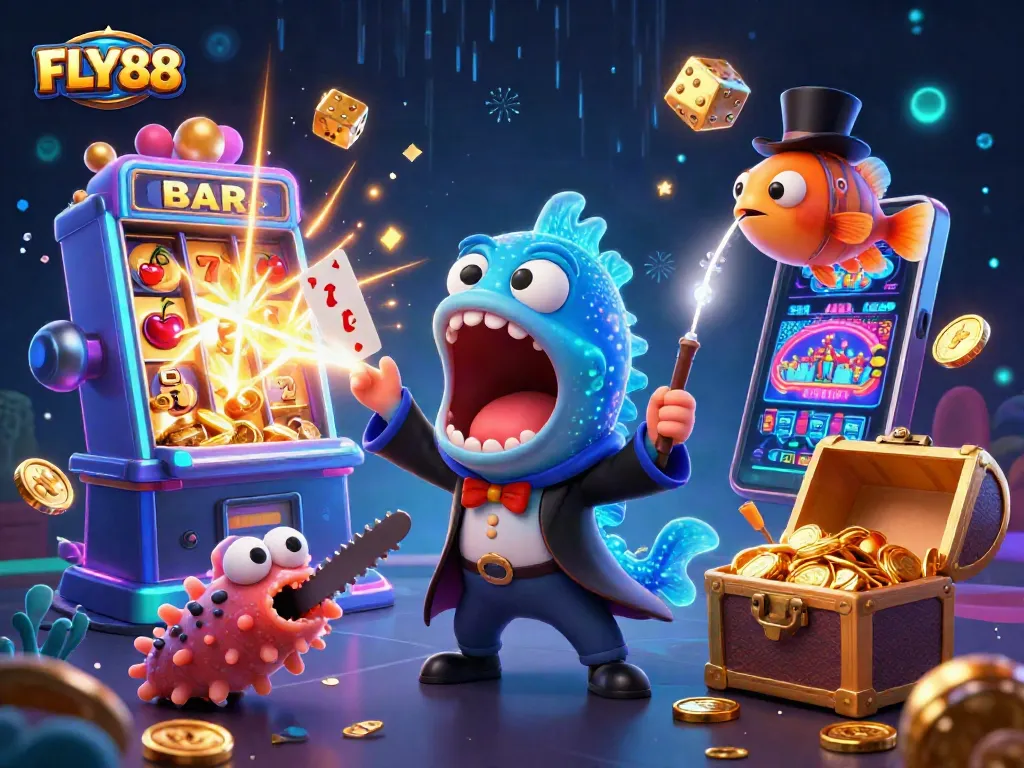 Experience thrilling magic tricks with FLY88's vibrant characters in a casino adventure.