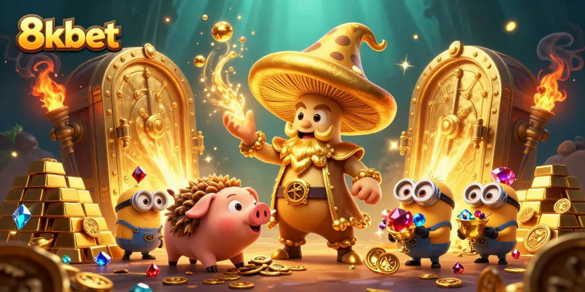 Experience the thrill of winning at 8kbet with treasures, golden wizardry, and magical gems in a captivating casino scene.