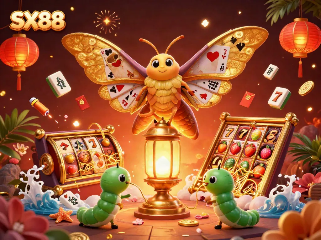 SX88 slot adventure with a dazzling moth and vibrant gaming symbols in a rich 3D illustration