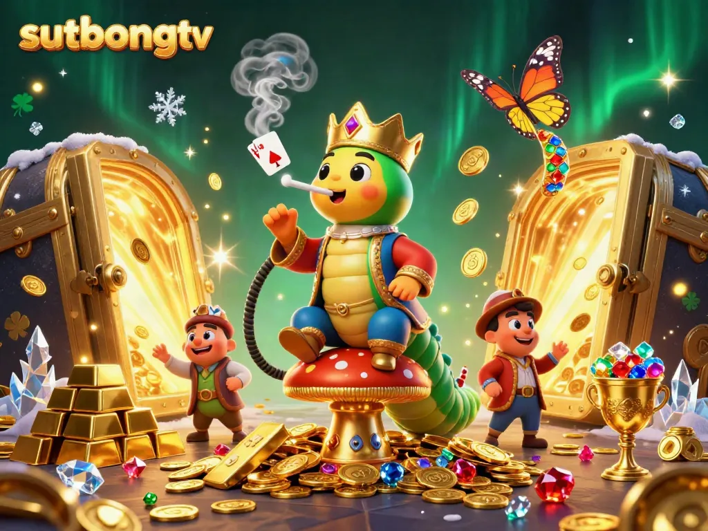 Sutbongtv showcases an immersive gaming experience with a unique caterpillar character and vibrant casino elements.