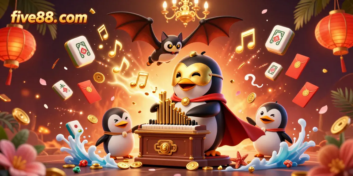 Experience the thrilling gameplay at five88. com with a vibrant 3D casino scene featuring a penguin playing an organ shooting coins.