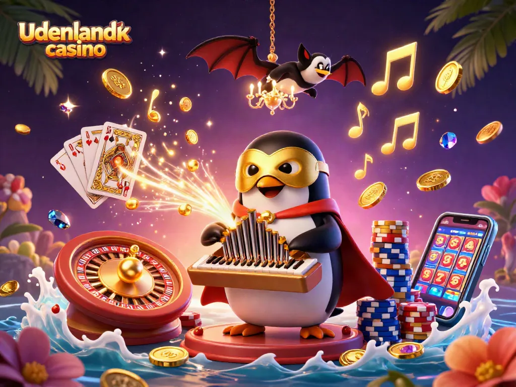 Experience the magic of udenlandsk casino with a vibrant 3D illustration showcasing a penguin playing an organ, surrounded by casino elements.