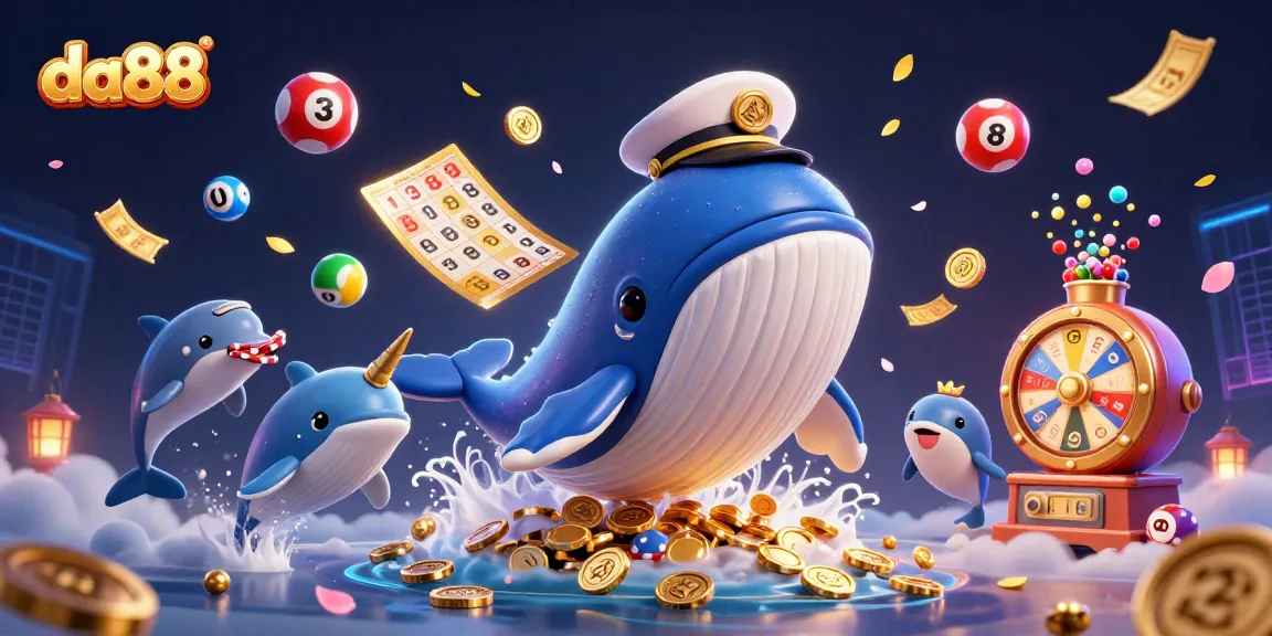 Engage in fun lottery games at da88 with playful whales, dolphins, and vibrant lottery elements.
