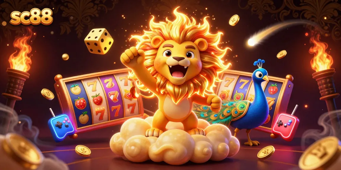Experience the thrills at sc88 with vibrant casino elements and a roaring lion symbolizing wins.