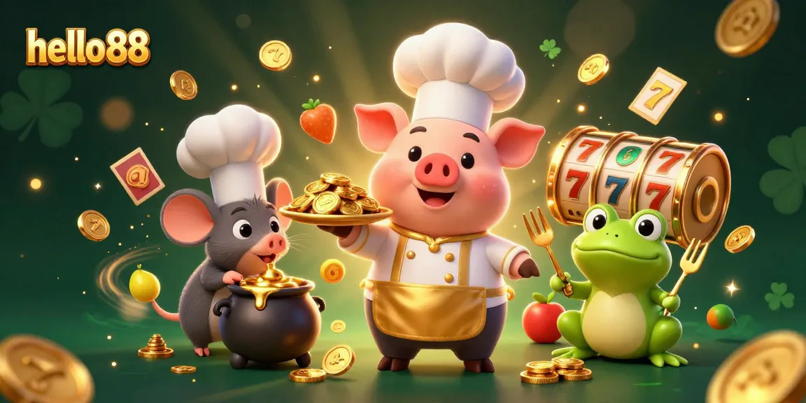 Play slots and win at hello88 with a vibrant scene of gold coins and characters celebrating jackpots.