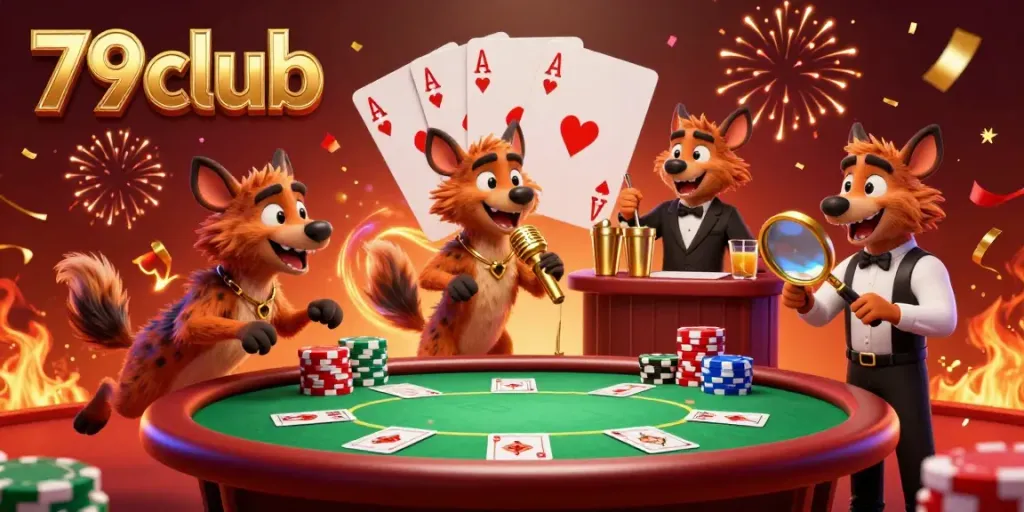 Experience the vibrant comedy casino atmosphere at 79club with hyenas entertaining and gaming.